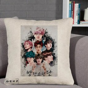Perna Personalizata K-pop BTS Bangtan Boys Poster Artistic Negru Alb, 40x40 cm, Bej Canapea, Husa Detasabila, Perna Inclusa, BEKZ®