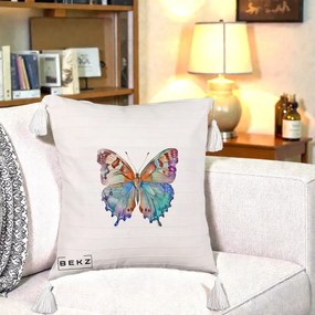 Perna Decorativa Fluture Acuarela Multicolor Portocaliu-Bleu-Mov, 40x40 cm, Bej cu Franjuri, Husa Detasabila, Perna Inclusa, BEKZ®