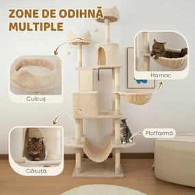 PawHut Ansamblu de Zgâriat pentru Pisici, 206 cm, cu Stâlpi din Sisal, Peșteri și Hamace, Bej | Aosom Romania