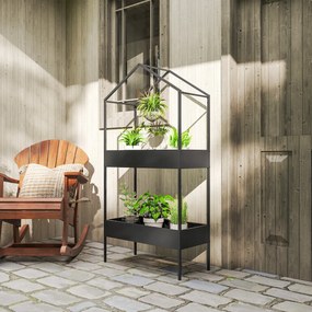 Outsunny Suport plante 2 niveluri în formă de casă, înalt 150 cm, suport flori cu cârlig, metal, Negru | Aosom Romania