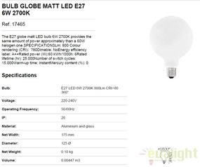 Bec LED E27 GLOBE MATT 6W 2700K 17465