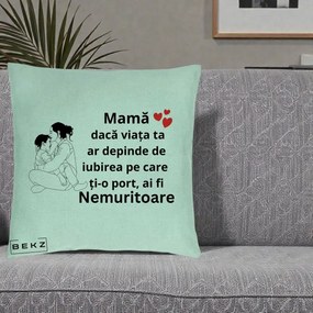 Cadou pentru Mama - Perna Personalizata Mama Nemuritoare Kawaii, 40x40 cm, Verde Menta, Husa Detasabila, Perna Inclusa, BEKZ®