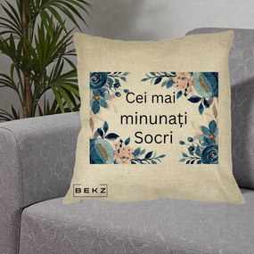 Cadou pentru Socri - Perna Personalizata Cei mai Minunati Socri cu Flori Albastre si Roz, 40x40 cm, Crem, Husa Detasabila, Perna Inclusa, BEKZ®