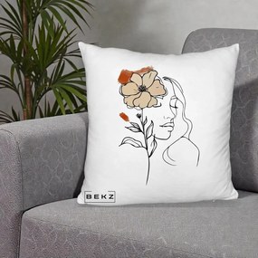 Perna Decorativa Portret Feminin Floare Bej Terracotta, 40x40 cm, Alb Pufos, Husa Detasabila, Perna Inclusa, BEKZ®
