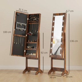 HOMCOM Dulap pentru Bijuterii cu Oglindă Reglabilă și Lumini LED 36x30x136 cm Maro Rustic | Aosom Romania