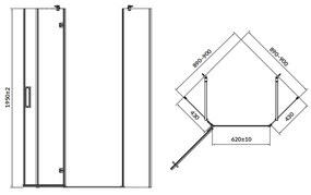 Cabina de dus pentagonala 90x90 cm Cersanit Jota, crom cu usa batanta stanga 900x900 mm, Stanga, Crom lucios