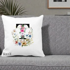 Cadou Personalizat - Perna Personalizata Monogram Litera T cu Flori Acuarela, 40x40 cm, Alba Mata, Husa Detasabila, Perna Inclusa, BEKZ®