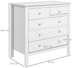 HOMCOM Comodă cu 2 Sertare Mici și 3 Sertare Mari, Comodă de Dormitor din Lemn, 79x39,5x80,5 cm, Alb | Aosom Romania