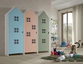 Set 3 dulapuri pentru copii Casami Bruges tip colibă de plajă – 1 cu ușă Roz Confortabil, 1 cu ușă Albastru și 1 cu ușă Verde Intens – Vipack