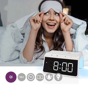 Nedis WCACQ30WT - Ceas cu alarmă, ecran LCD și încărcător wireless 15W/5V alb