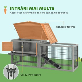 PawHut Cuib Exterior din Lemn de Brad cu Rampă, Acoperiș Rabatabil Impermeabil, Sertar Detașabil, Cuib pentru Iepuri, Animale Mici, Gri Deschis | Aosom Romania