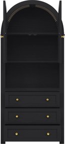 Dulap de depozitare înalt cu arc, cu 3 sertare, uși și compartiment deschis pentru expunere, pentru bucătărie și living, 70x35x180 cm, Negru