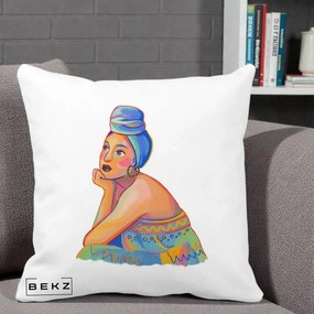 Perna Decorativa Portret Femeie Contemplativa, 40x40 cm, Alba Mata, Husa Detasabila, Perna Inclusa, BEKZ®