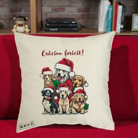 Perna Decorativa Caini cu Bonete Craciun Fericit, 40x40 cm, Ecru, Husa Detasabila, Perna Inclusa, BEKZ®