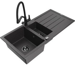Mexen Andres chiuvetă din granit 1,5 cuvă cu picurător și baterie de bucătărie Duo, negru pătat - 6515-76-671701-70-B