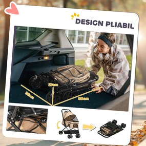 PawHut Cărucior Pliant pentru Câini Mici cu Mâner Rotativ, Roți cu Frâne și Coș de Depozitare, 76,5x52x95 cm, Maro | Aosom Romania