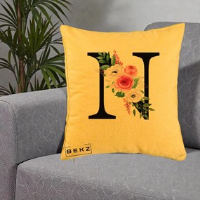 Cadou Personalizat - Perna Personalizata Monograma Florala Litera N, 40x40 cm, Galben, Husa Detasabila, Perna Inclusa, BEKZ®