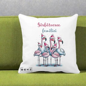 Perna Decorativa Flamingo Craciun Sarbatoarea Familiei, 40x40 cm, Alba Mata, Husa Detasabila, Perna Inclusa, BEKZ®
