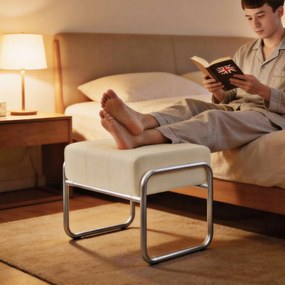 HOMCOM Taburet pentru picioare Taburet tapițat Pernă groasă cu material chenille, picioare din oțel pentru dormitor, Bej | Aosom Romania