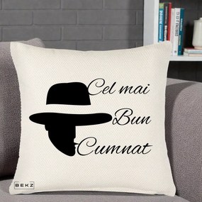Cadou pentru Cumnat - Perna Personalizata Cel mai Bun Cumnat cu Silueta Palarie, 40x40 cm, Crem Reliefat, Husa Detasabila, Perna Inclusa, BEKZ®