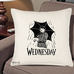 Perna Personalizata Wednesday cu Umbrela Ploaie Lineart, 40x40 cm, Crem Reliefat, Husa Detasabila, Perna Inclusa, BEKZ®