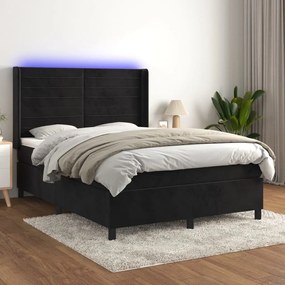 3139621 vidaXL Pat cu arcuri, saltea și LED, negru, 140x190 cm, catifea