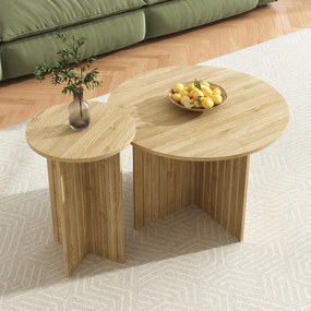 Set modern de 2 măsuțe tip cuib, cu blaturi rotunde și structură verticală pe lateral, 76x76x50 cm/40x40x56,5 cm, Culoare naturală
