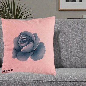 Perna Decorativa Trandafir Albastru Acuarela, 40x40 cm, Roz, Husa Detasabila, Perna Inclusa, BEKZ®