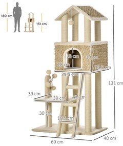 PawHut cu vizuină pentru pisici cu jucării Sisal Plus Khaki + Bej + Cafea | Aosom Romania