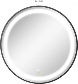 kleankin Oglindă de baie, iluminare LED, dimabilă, 3 culori de lumină, cadru metalic, Ø60 cm, Negru | Aosom Romania