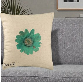 Perna Decorativa Floare Gerbera Teal Acuarela, 40x40 cm, Bej, Husa Detasabila, Perna Inclusa, BEKZ®