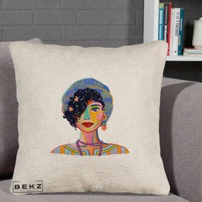 Perna Decorativa Portret Femeie Etnic Colorat, 40x40 cm, Bej Canapea, Husa Detasabila, Perna Inclusa, BEKZ®