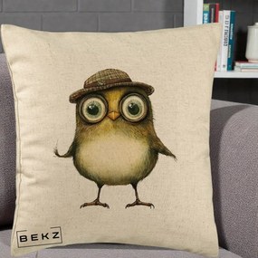 Perna Decorativa Pui Intelectual cu Palarie Tweed, 40x40 cm, Bej, Husa Detasabila, Perna Inclusa, BEKZ®