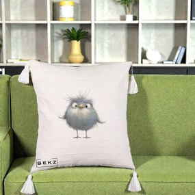Perna Decorativa Pui Gri Pufos Zbarlit, 40x40 cm, Bej cu Franjuri, Husa Detasabila, Perna Inclusa, BEKZ®