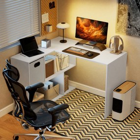 HOMCOM Birou Colțar pentru Computer, 110x100 cm, Birou în Formă de L cu Raft și Sertar din Material Textil, Masă pentru PC pentru Dormitor, Birou și Studio, Alb | Aosom Romania