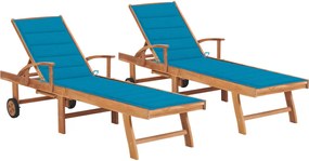 vidaXL Șezlonguri cu pernă albastră, 2 buc, lemn masiv de tec