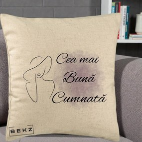 Cadou pentru Cumnata - Perna Personalizata Cea mai Buna Cumnata cu Silueta Dama si Pete Violet, 40x40 cm, Bej, Husa Detasabila, Perna Inclusa, BEKZ®