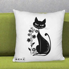 Perna Decorativa Pisica Neagra Grafica Minimalista, 40x40 cm, Alb Pufos, Husa Detasabila, Perna Inclusa, BEKZ®