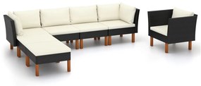 Set mobilier gradina 7 piese negru poliratan lemn eucalipt Negru, 2x canapea de colt  + 2x canapea de mijloc + fotoliu + suport pentru picioare, 1
