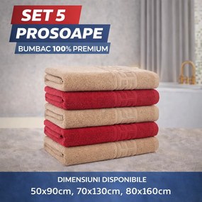 Set 5 Prosoape Baie Premium, 100% Bumbac, Absorbante și Pufoase, Bej/Roșu