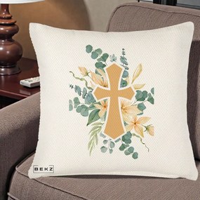 Perna Personalizata Cruce Florala Botez, 40x40 cm, Crem Reliefat, Husa Detasabila, Perna Inclusa, BEKZ®