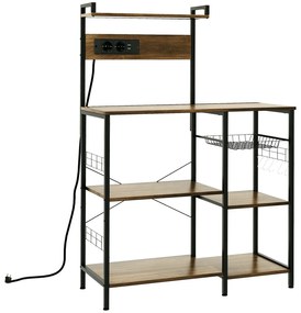 HOMCOM Raft de Bucatarie cu Prize Mutiple, Dulap Bucatarie pentru Microunde cu Rafturi si Cos din Sarma Stil Industrial, 90x42x130cm, Maro