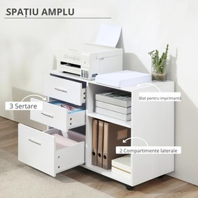 HOMCOM Mobilier Multifuncțional pentru Imprimantă cu 3 Sertare, Birou pe Roti, 80x40x65cm, Spațiu de Depozitare, Alb | Aosom Romania