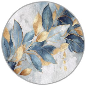 Covor albastru/auriu lavabil rotund ø 150 cm Golden Leaves – Mila Home