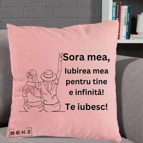 Cadou pentru Sora - Perna Personalizata Sora Mea Te Iubesc Line Art Portrete Colorate, 40x40 cm, Roz, Husa Detasabila, Perna Inclusa, BEKZ®