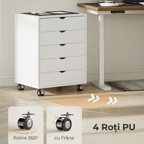 HOMCOM Dulap pentru birou cu 5 sertare pentru documente A3, pe roți și cu încuietoare, 50x40x67.5 cm, alb | Aosom Romania