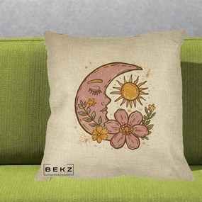Perna Personalizata Luna si Soare Floral Boho, 40x40 cm, Crem, Husa Detasabila, Perna Inclusa, BEKZ®
