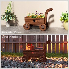 Outsunny Strat Înălțat pentru Grădină în Formă de Cărucior cu 4 Roți și Mâner, Ghiveci din Lemn de Molid cu Găuri de Drenaj, pentru Balcon, Terasă, 68x38x52 cm, Finisaj Carbonizat | Aosom Romania