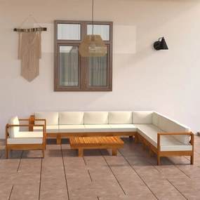 Set mobilier gradina perne alb crem, 10 piese lemn masiv acacia Crem, colt + 7x mijloc + fotoliu + masa, 1