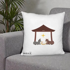 Perna Decorativa Ieslea din Betleem cu Iesle Asin si Bou, 40x40 cm, Alb Pufos, Husa Detasabila, Perna Inclusa, BEKZ®